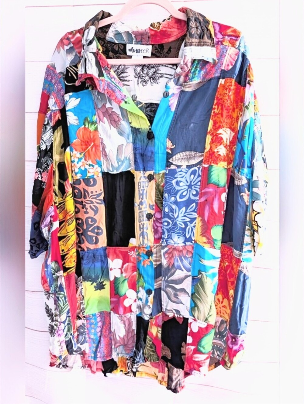 Vintage WE BE BOP Button-Up Rayon Shirt — Multicolor Floral Patchwork Artist